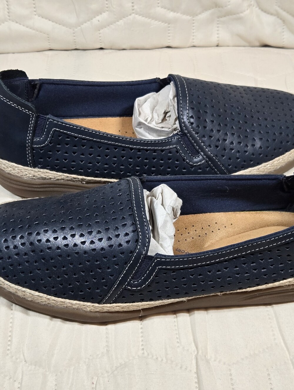 Womens Clarks Elaina Ruby Espadrille Slip-On Leather Flats - Navy Blue - Sz 9 - Picture 3 of 9